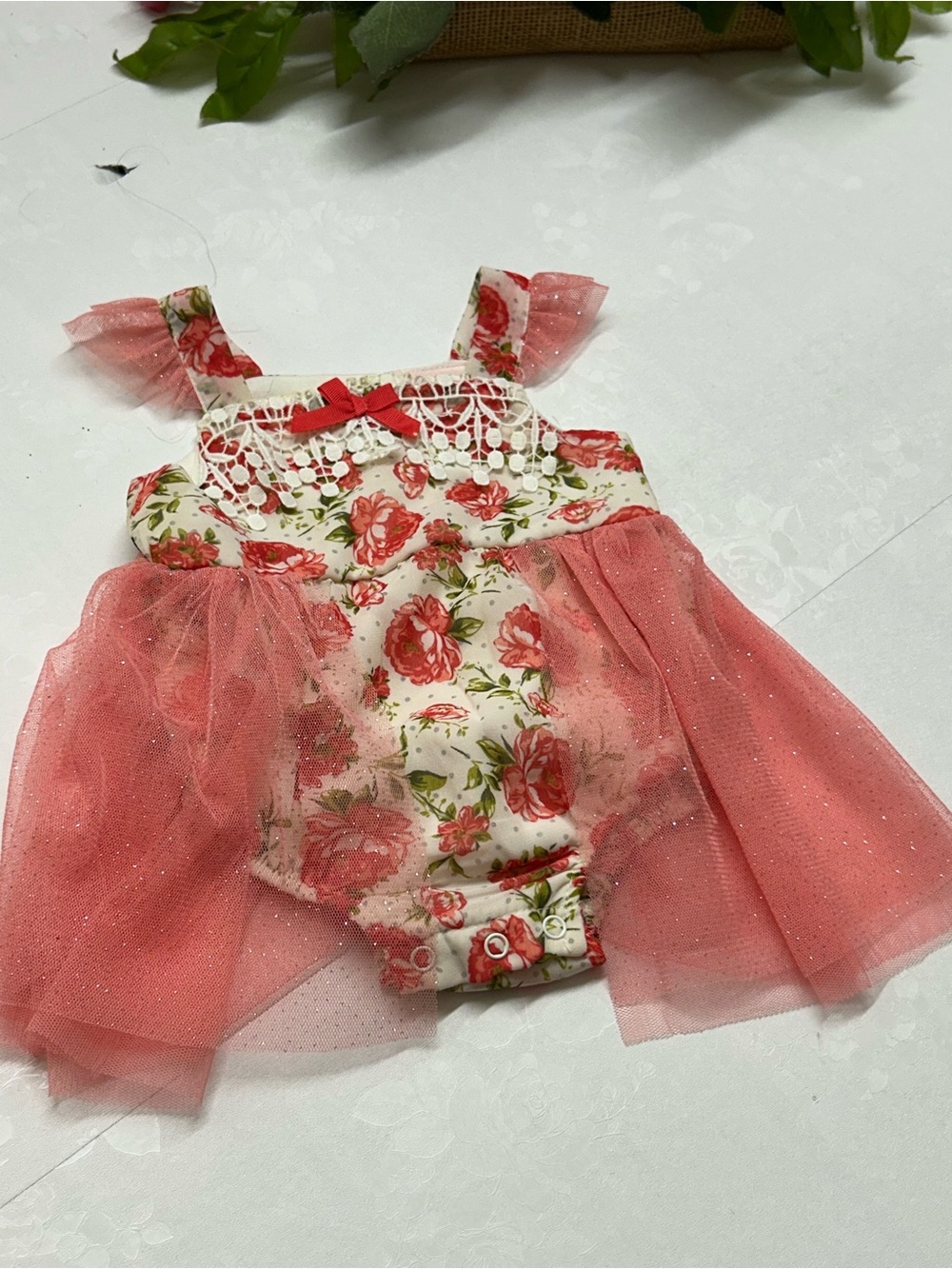 Little Lass Coral and Cream Floral Tulle Baby Romper